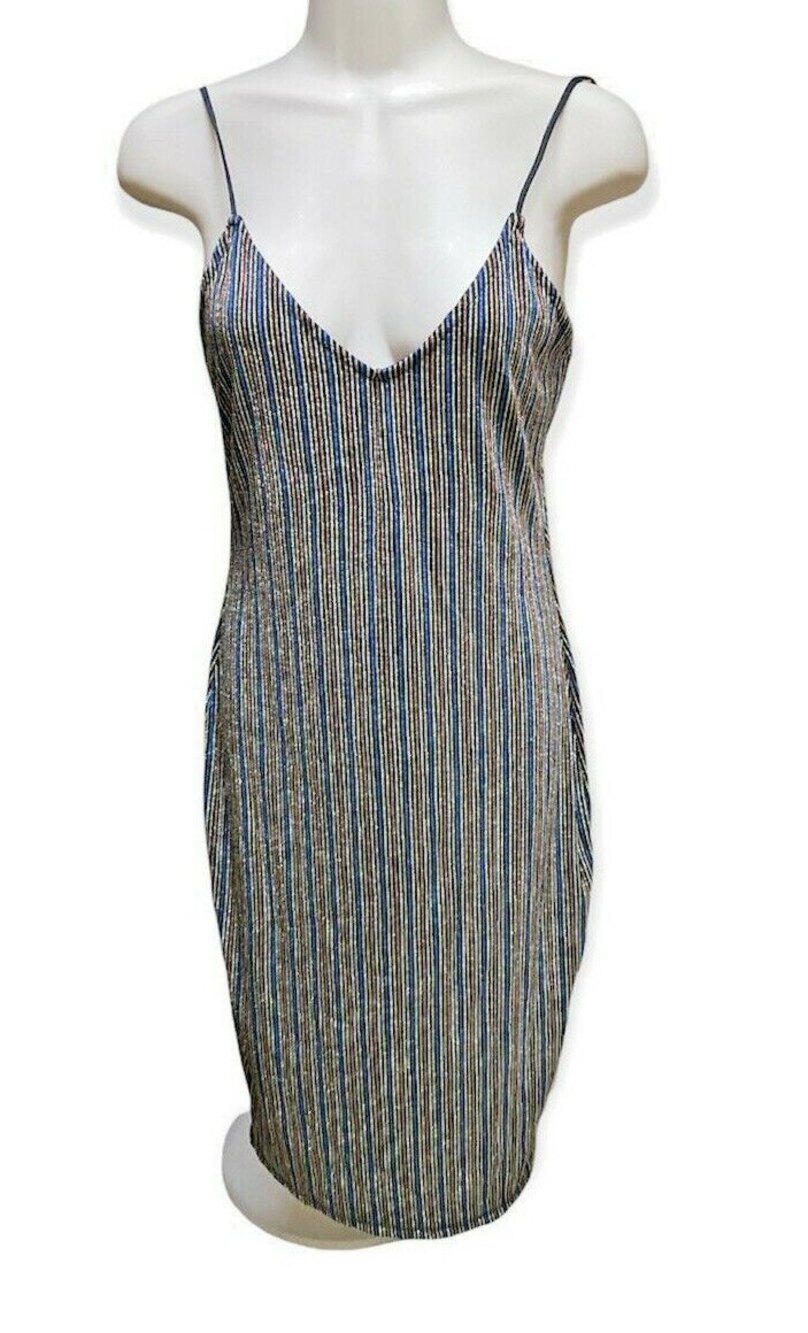 Y2K 90s MIND CODE Disco Bodycon Dress Size L Junior Shimmer Striped Sexy Midi